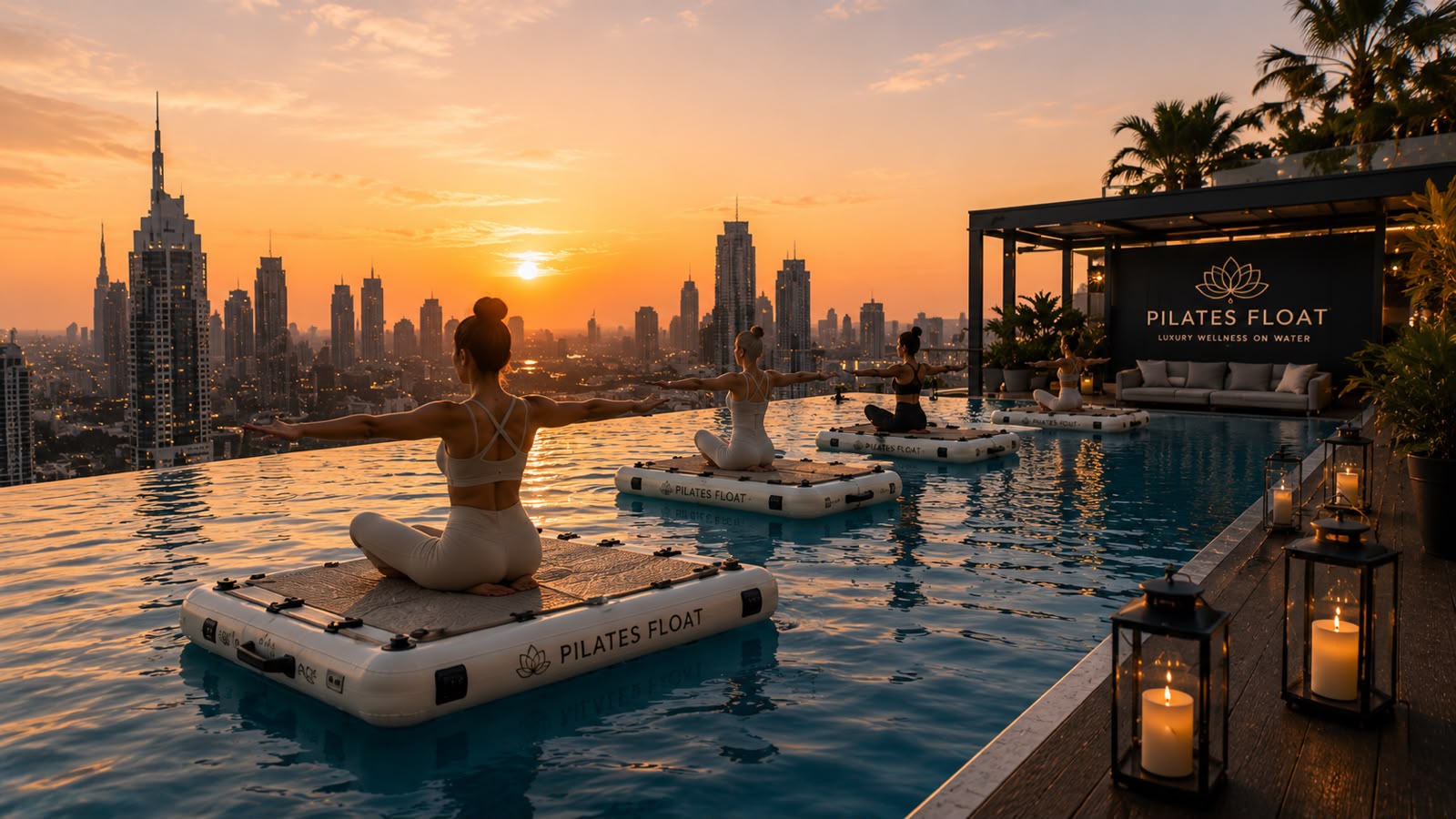 Uma aula de Pilates flutuante da Pilates Float numa piscina infinita num terraço com vista para a cidade ao pôr do sol