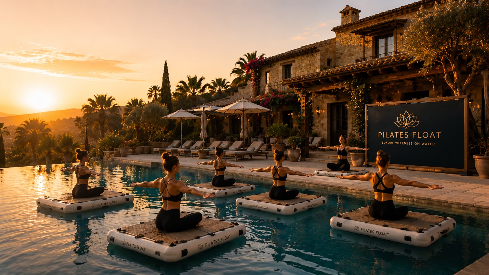 Uma aula guiada de Pilates flutuante da Pilates Float na piscina de uma villa mediterrânica na hora dourada