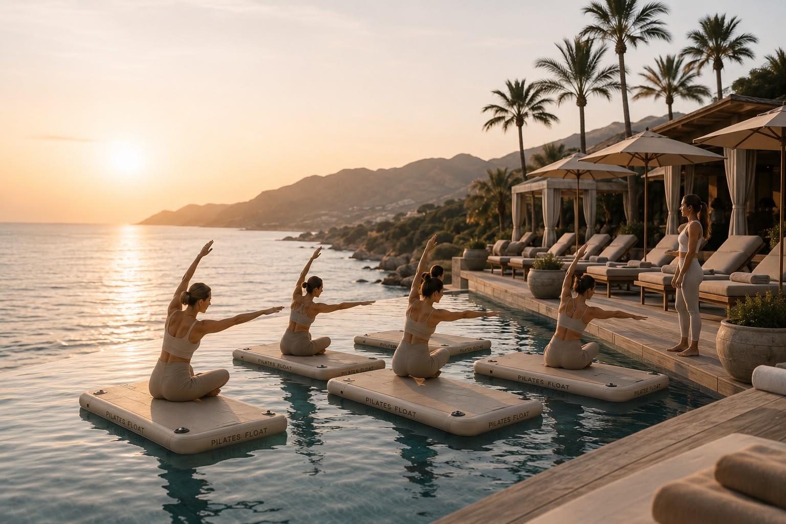A private one-to-one floating Pilates class on a quiet pool