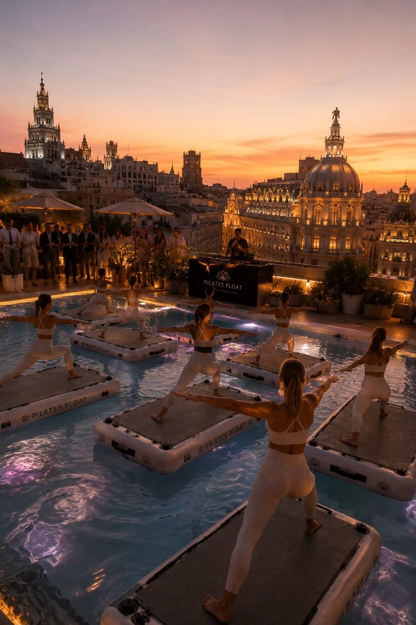 Evento pop-up de Pilates flutuante num terraço ao anoitecer