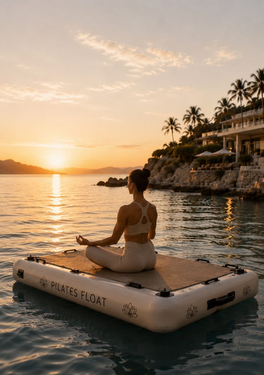 Sessão de Pilates flutuante ao nascer do sol numa piscina serena