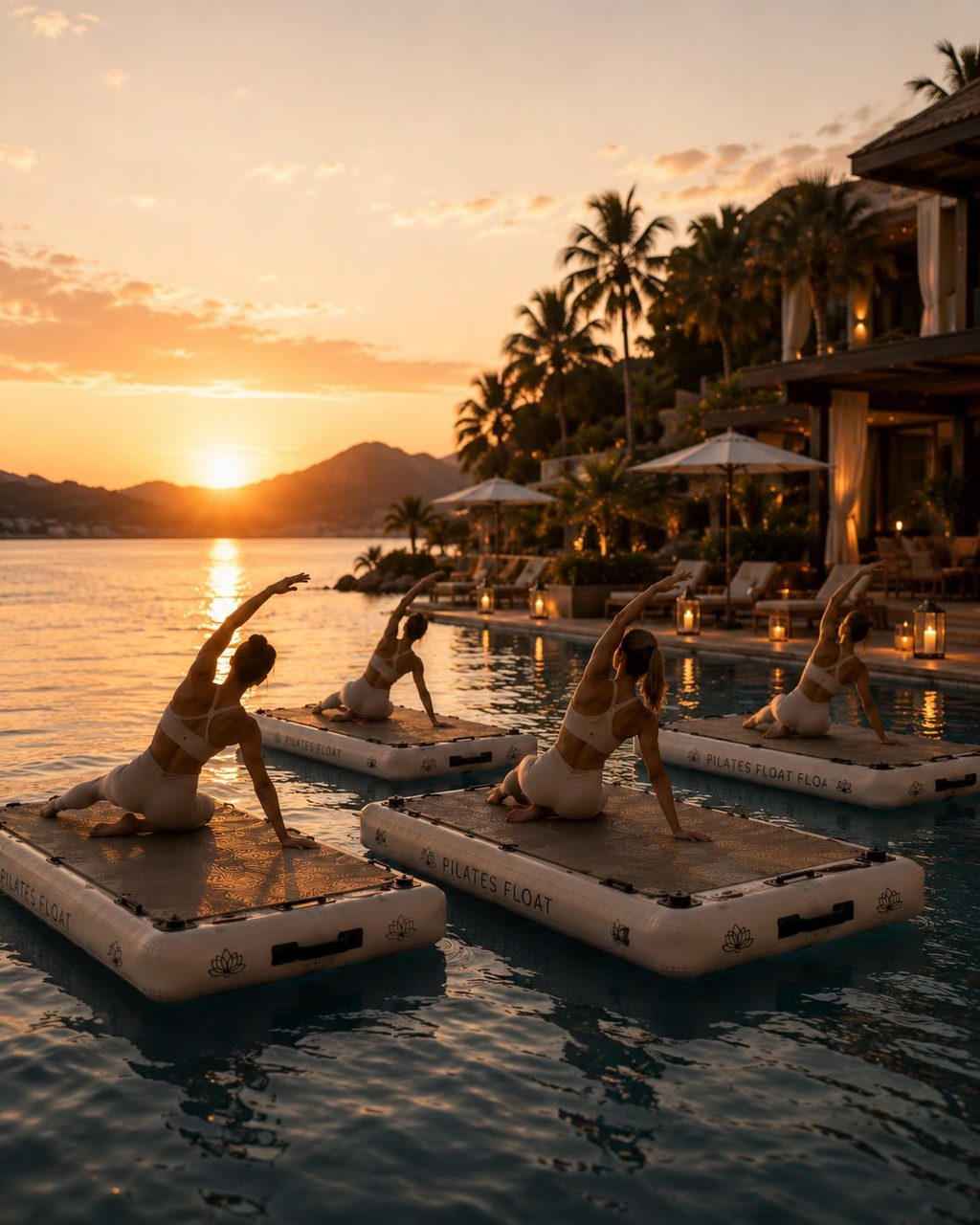 Aula de Pilates flutuante ao pôr do sol na hora dourada